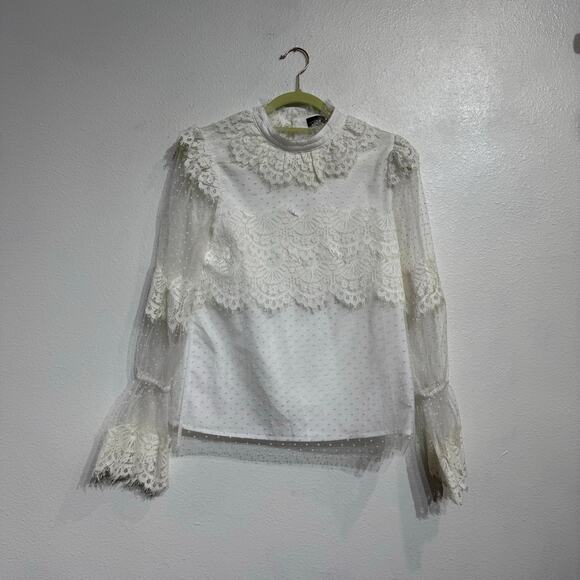 On Twelfth White Lace Long Sheer Sleeve Blouse Sz S - Picture 1 of 10